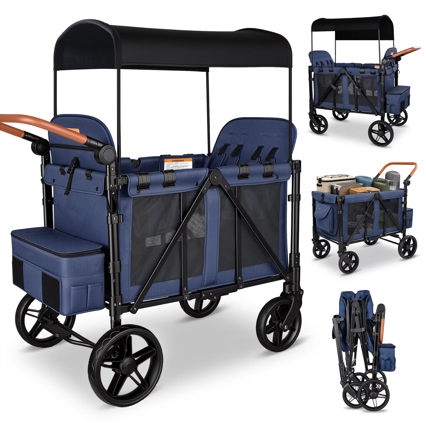 Vomeast Wagon Stroller for 2 Kids, 3-in-1 Outdoor Baby Stroller Wagon with Canopy, 5-Point Harness, Adjustable Handlebars, Removable Seat for Toddlers, Grey