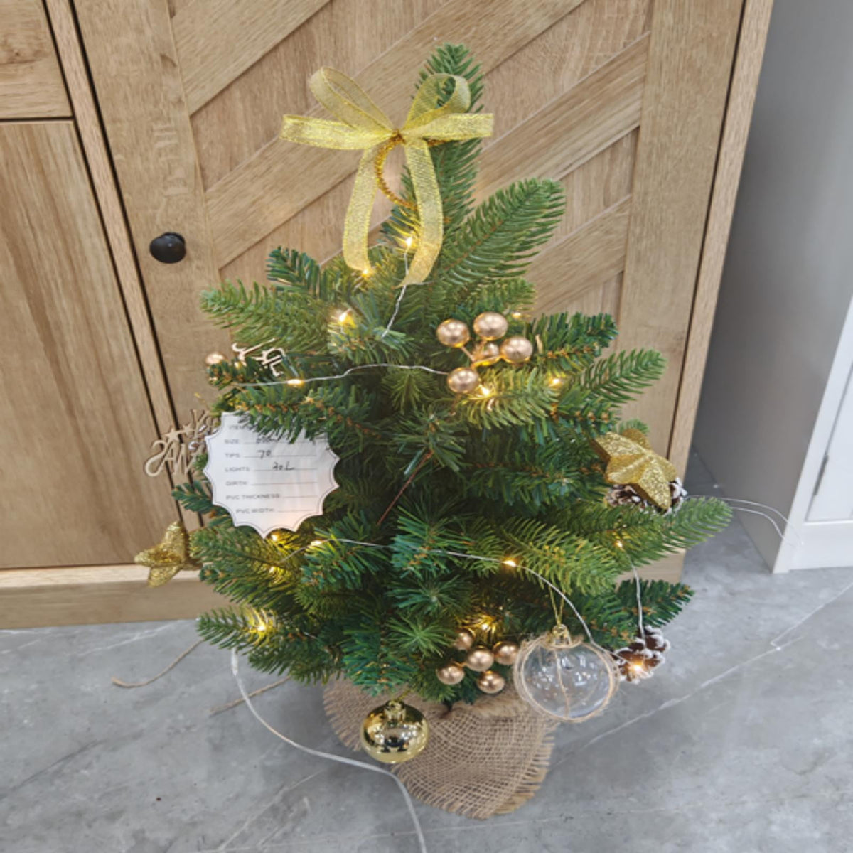 24" Mini Christmas Trees, 2-Pack Artificial PE Trees with Gold Stars, Bows, Ornaments & Pinecones