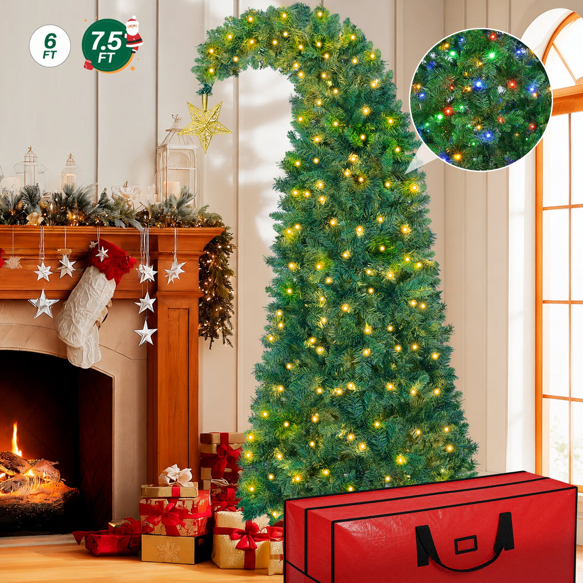 7.5FT Pre-Lit Crooked Neck Christmas Tree, 1181 Tips Full Green Pine with 400 LED 11 Modes & Gold Star