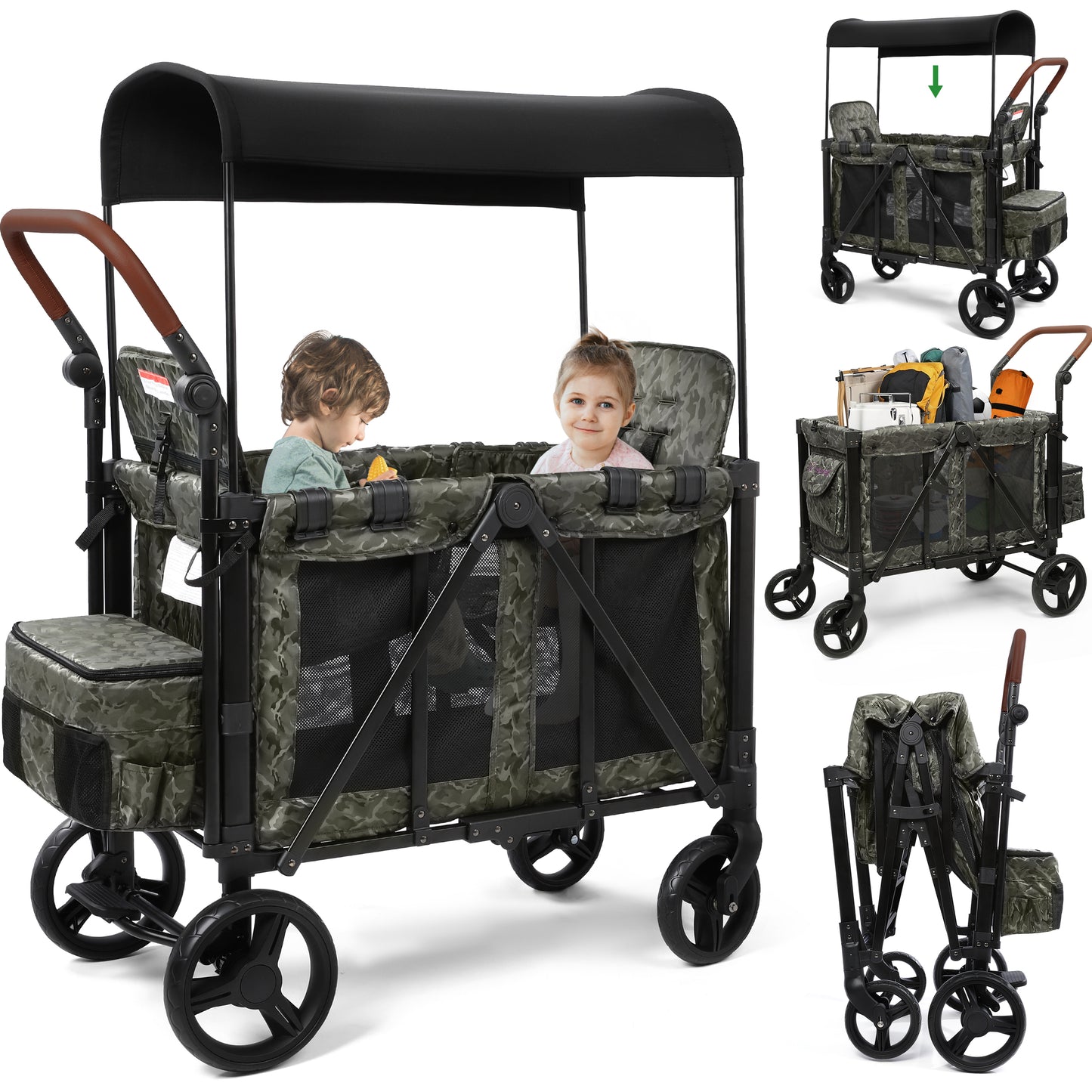 Vomeast Wagon Stroller for 2/4 Kids, 3-in-1 Wagon Stroller with Canopy, 5-Point Harness, Adjustable Handlebars, Removable Seat for Toddlers