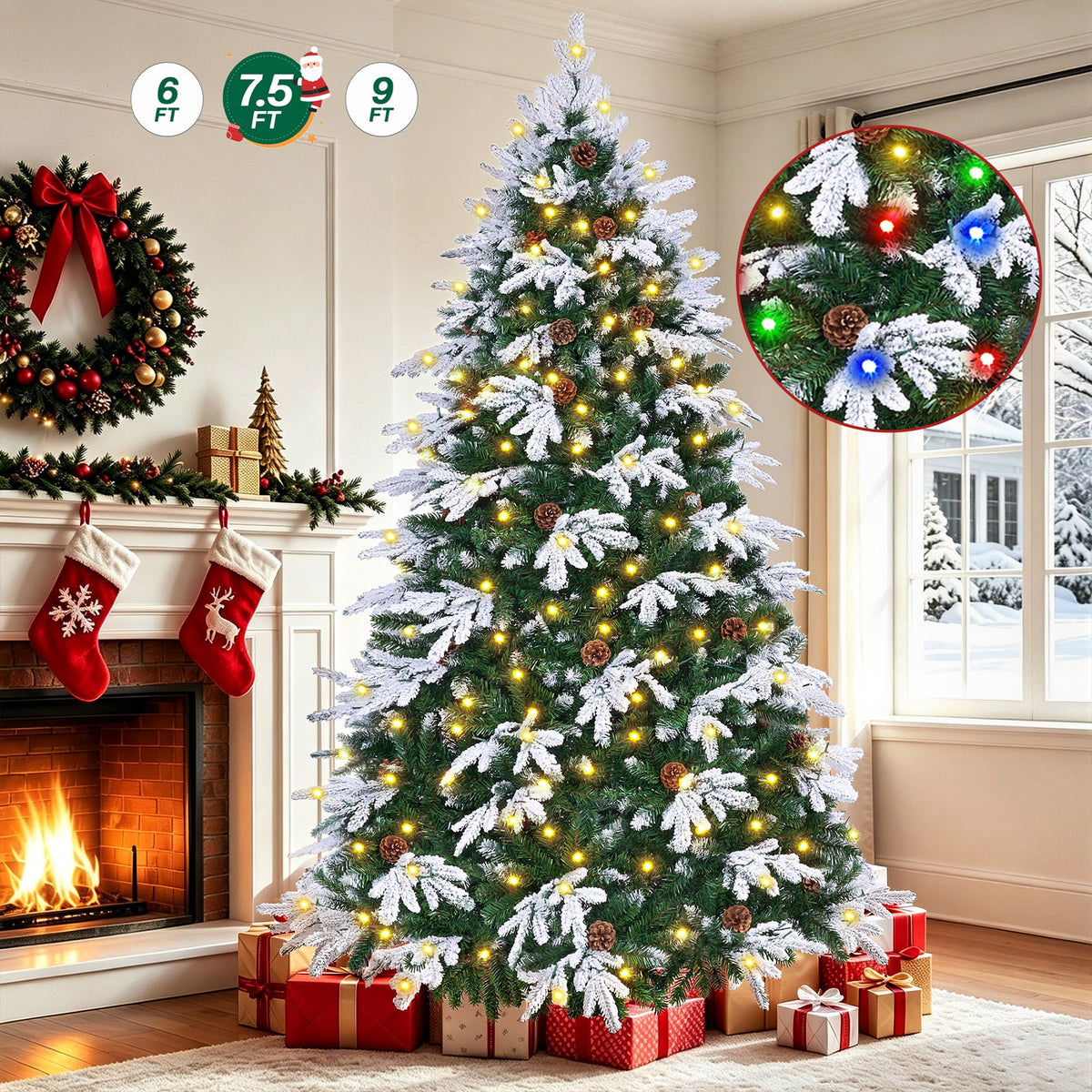 7.5FT Pre-Lit Flocked Snow-Tipped PE Realistic Christmas Tree, 1284 Tips, 400 LED 11 Modes