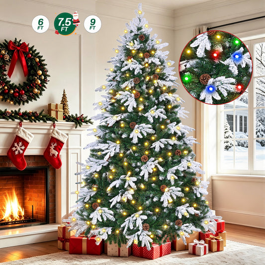 7.5FT Pre-Lit Flocked Snow-Tipped PE Realistic Christmas Tree, 1284 Tips, 400 LED 11 Modes