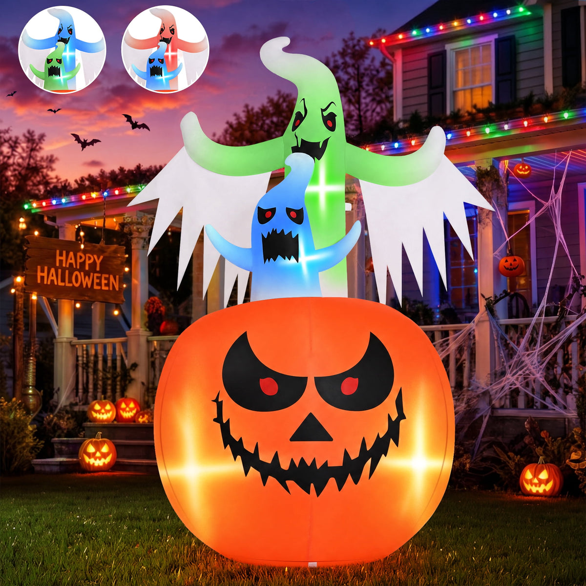 6ft Inflatable Ghost Pumpkin with Flashing LED Lights - Outdoor Halloween Decor
