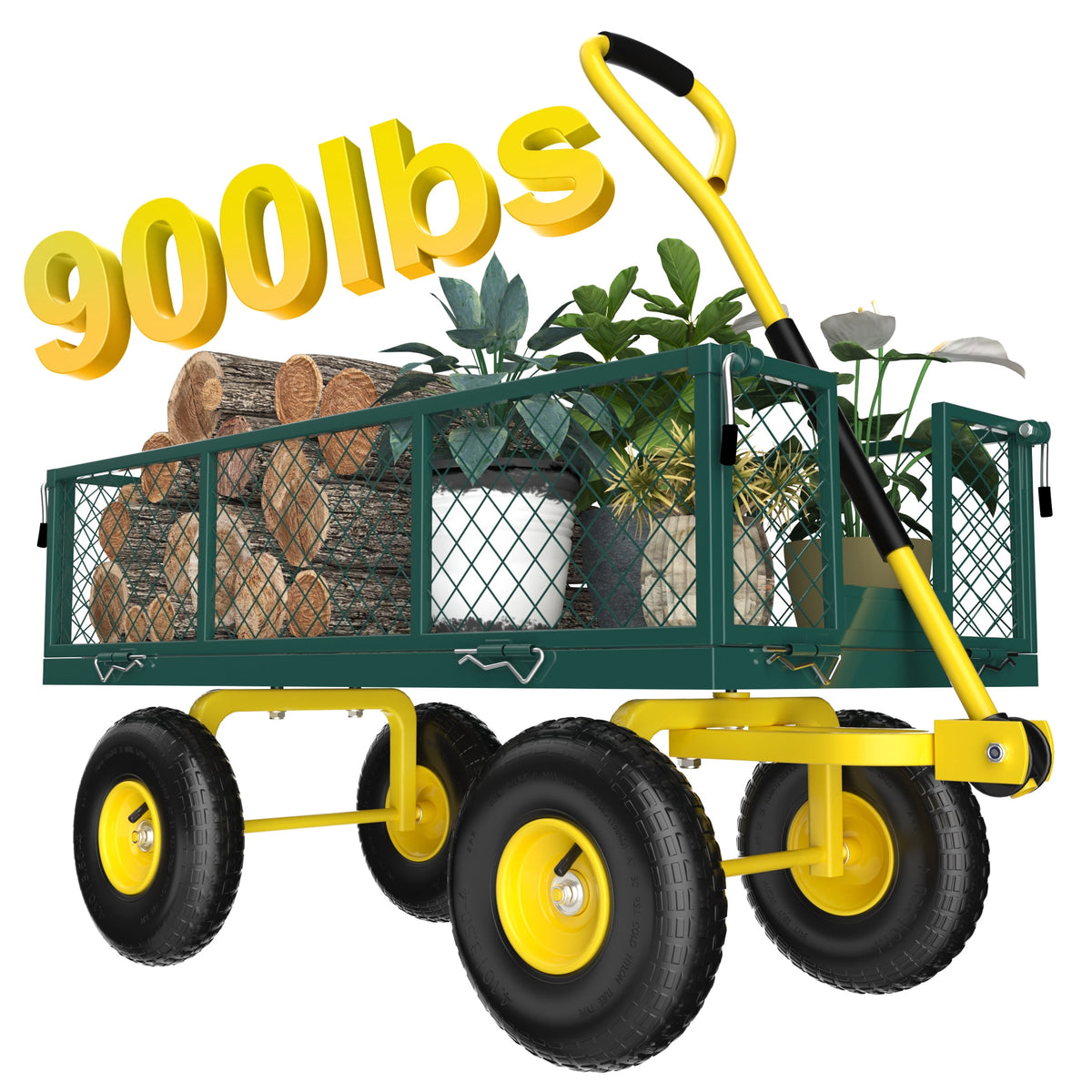 900 lb Heavy-Duty Garden Cart, 2-in-1 Utility Wagon with Removable Sides, 10" Pneumatic Tires & Adjustable Handle