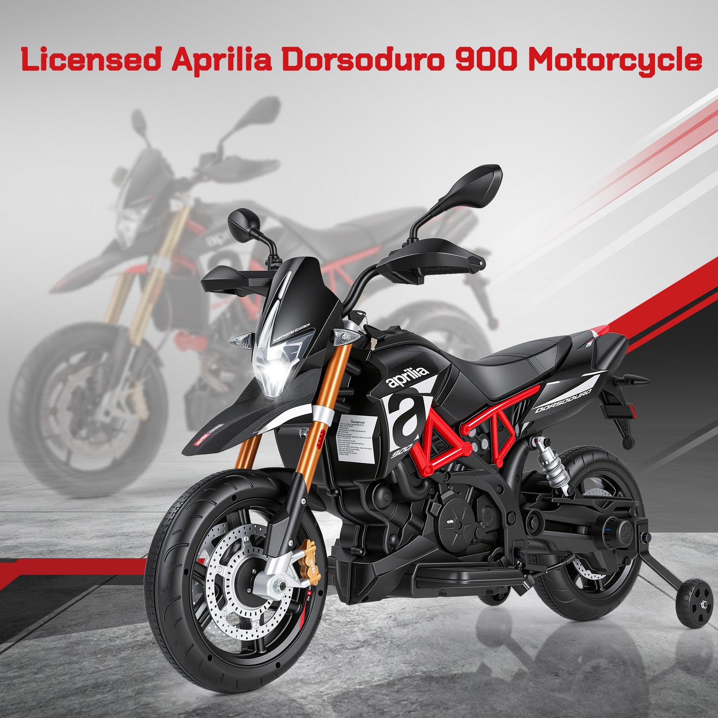 Licensed Aprilia Ride On Motorcycle for Kids, Wisairt 12V Electric Motorbike with Detachable Training Wheels, Key Start, LED Lights, Music, Spring Suspension, Toy Motorcycle for Boys Girls Ages 3-6