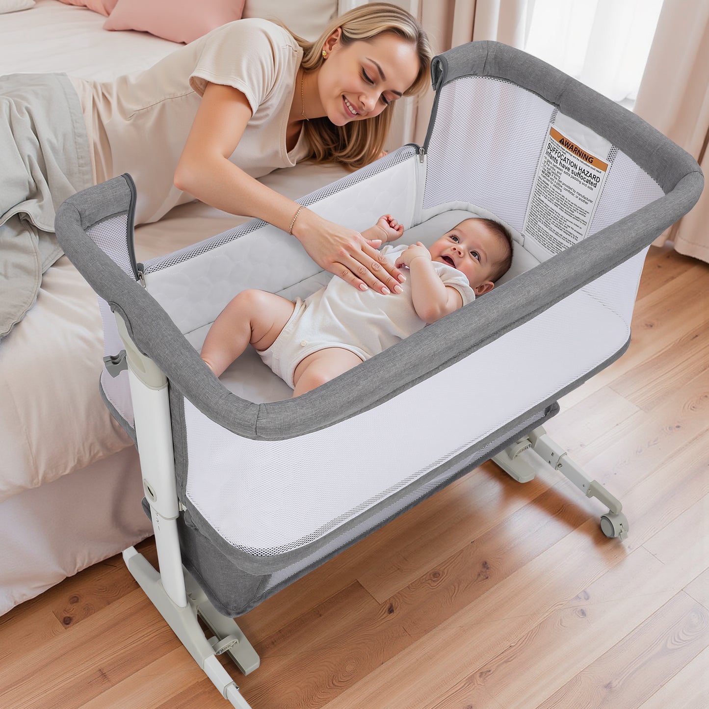 Vomeast Baby Bassinet Bedside Sleeper with Wheels, Adjustable Height, Storage Basket, Mosquito Net for Newborns Infants