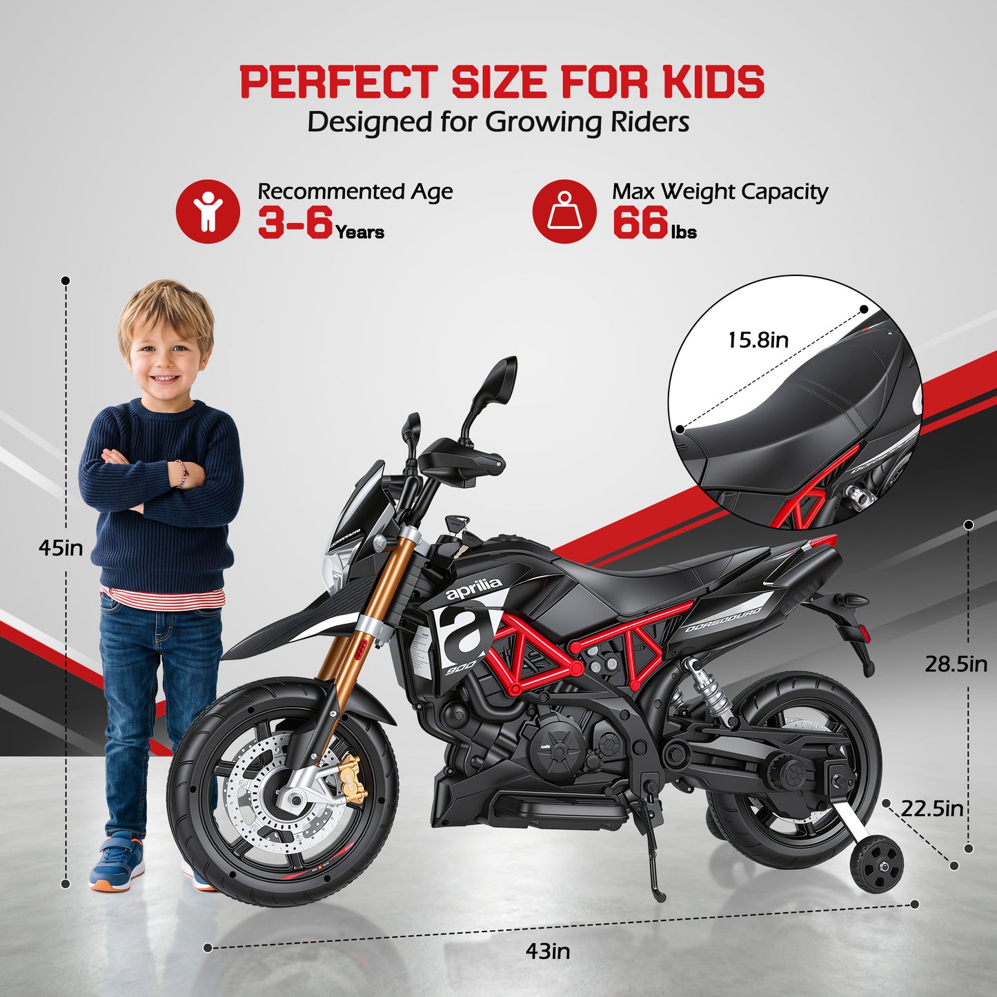 Licensed Aprilia Ride On Motorcycle for Kids, Wisairt 12V Electric Motorbike with Detachable Training Wheels, Key Start, LED Lights, Music, Spring Suspension, Toy Motorcycle for Boys Girls Ages 3-6
