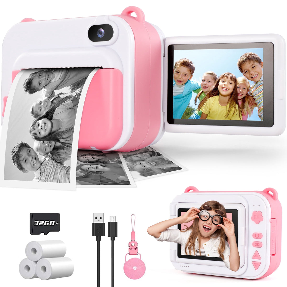 Kids Instant Print Camera, 1080P Toy Camera with 2.4" Flip Screen, 32GB Card & 3 Paper Rolls