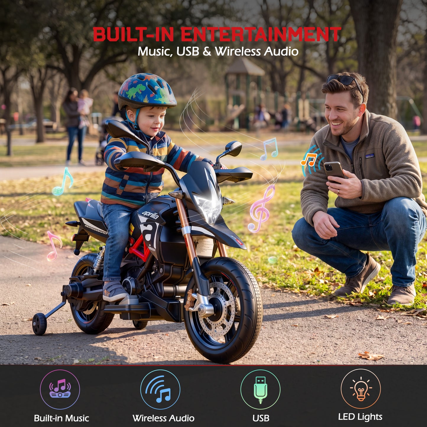 Licensed Aprilia Ride On Motorcycle for Kids, Wisairt 12V Electric Motorbike with Detachable Training Wheels, Key Start, LED Lights, Music, Spring Suspension, Toy Motorcycle for Boys Girls Ages 3-6