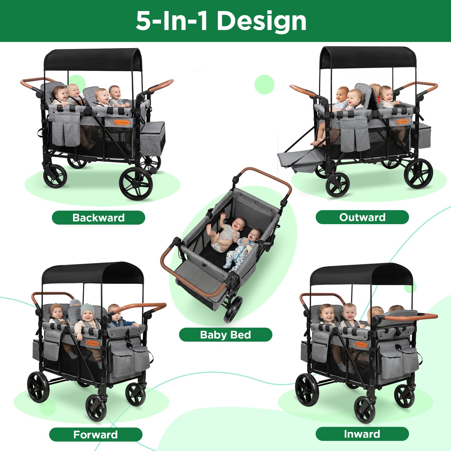 Vomeast Upgrade Wagon Stroller for 2 Kids, 2-Seater Outdoor Baby Stroller Wagon with Canopy, 5-Point Harness, Adjustable Handle(Black)