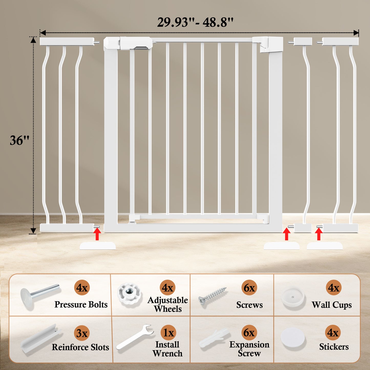 Vomeast 36in Extra Tall Baby Safety Gate,29.93- 48.8in Extra Wide Metal Dog Gates for Stair and Doorways,Pressure Mounted,Black