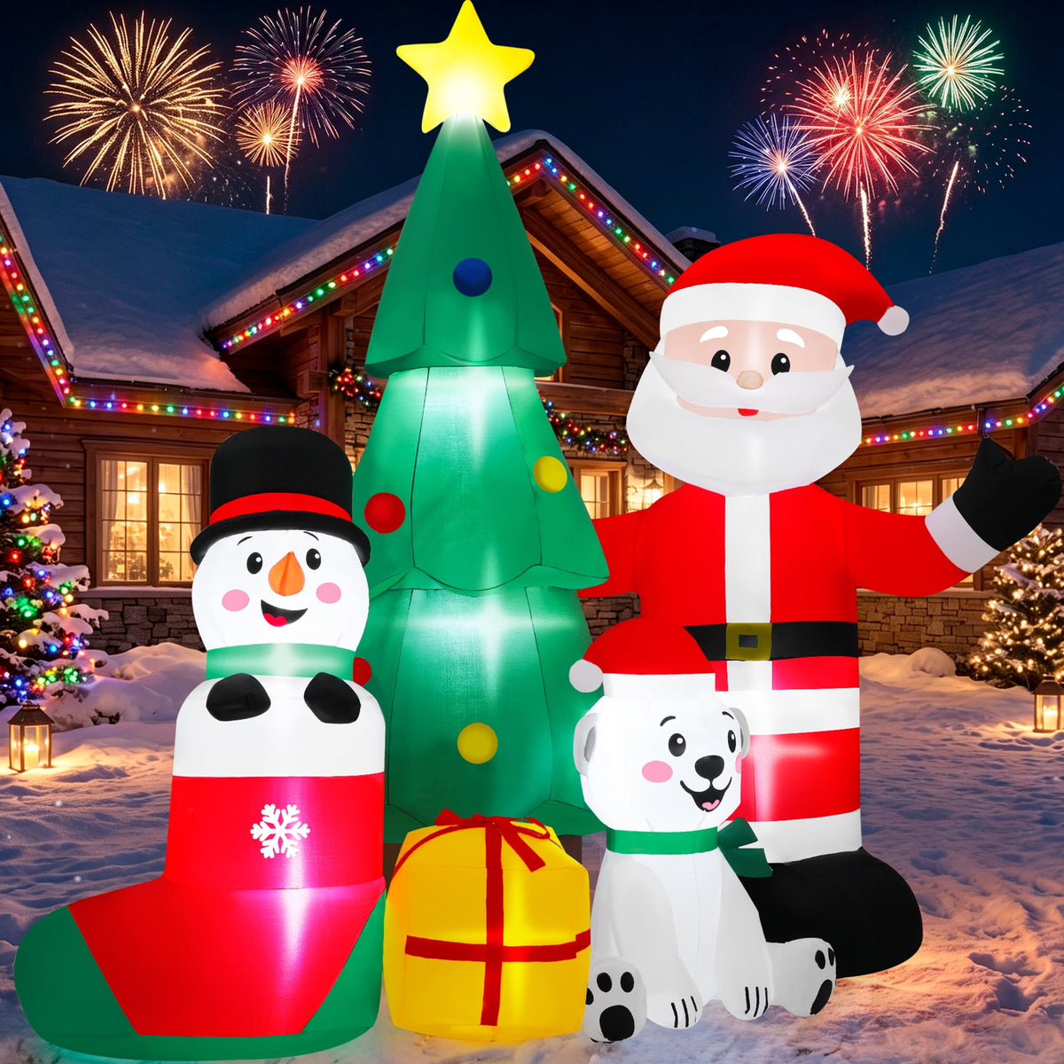 7FT Christmas Inflatable Santa Claus and Christmas Tree and Snowman Outdoor Yard Decoration with Built-in LED lihgts,10s Fast Blow-up