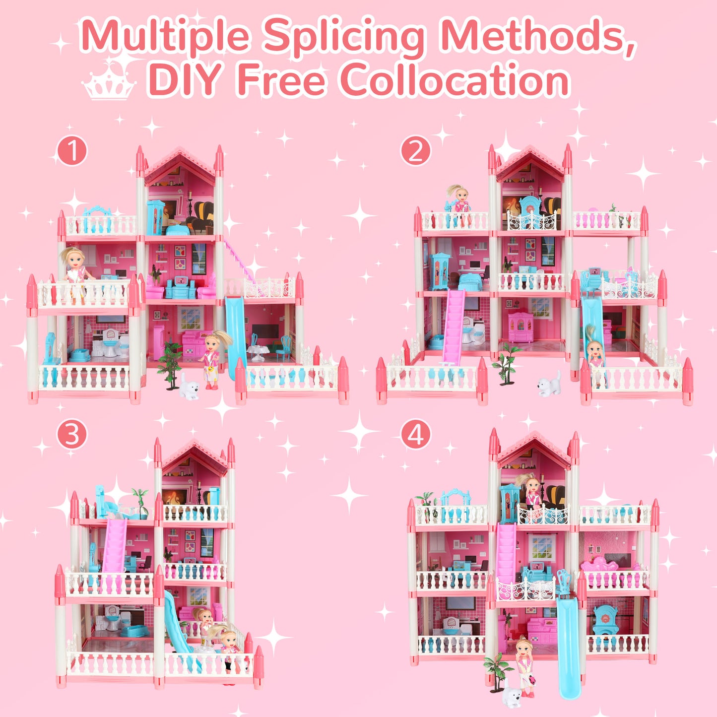 Wisairt Doll House for Girls, DIY DollHouses Set with 7 Rooms 1 Terraces, 23Pcs Pretend Play House Accessories for Kids Gift Ages 4-8, Pink