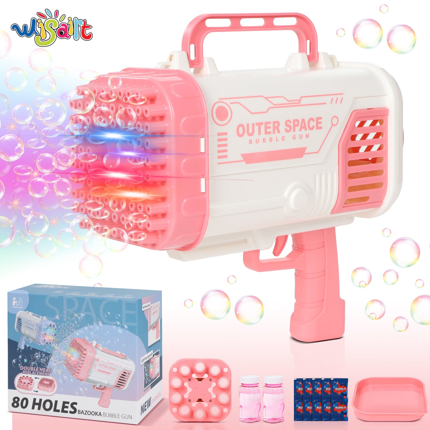 WISAIRT Bubble Machine, Upgraded 80 Holes Bubble Gun with Replaceable Nozzle, 2 Bubble Solution and Colorful Lights, Bubble Machine for Kids Adult Summer Outdoor Birthday Wedding Party Activities