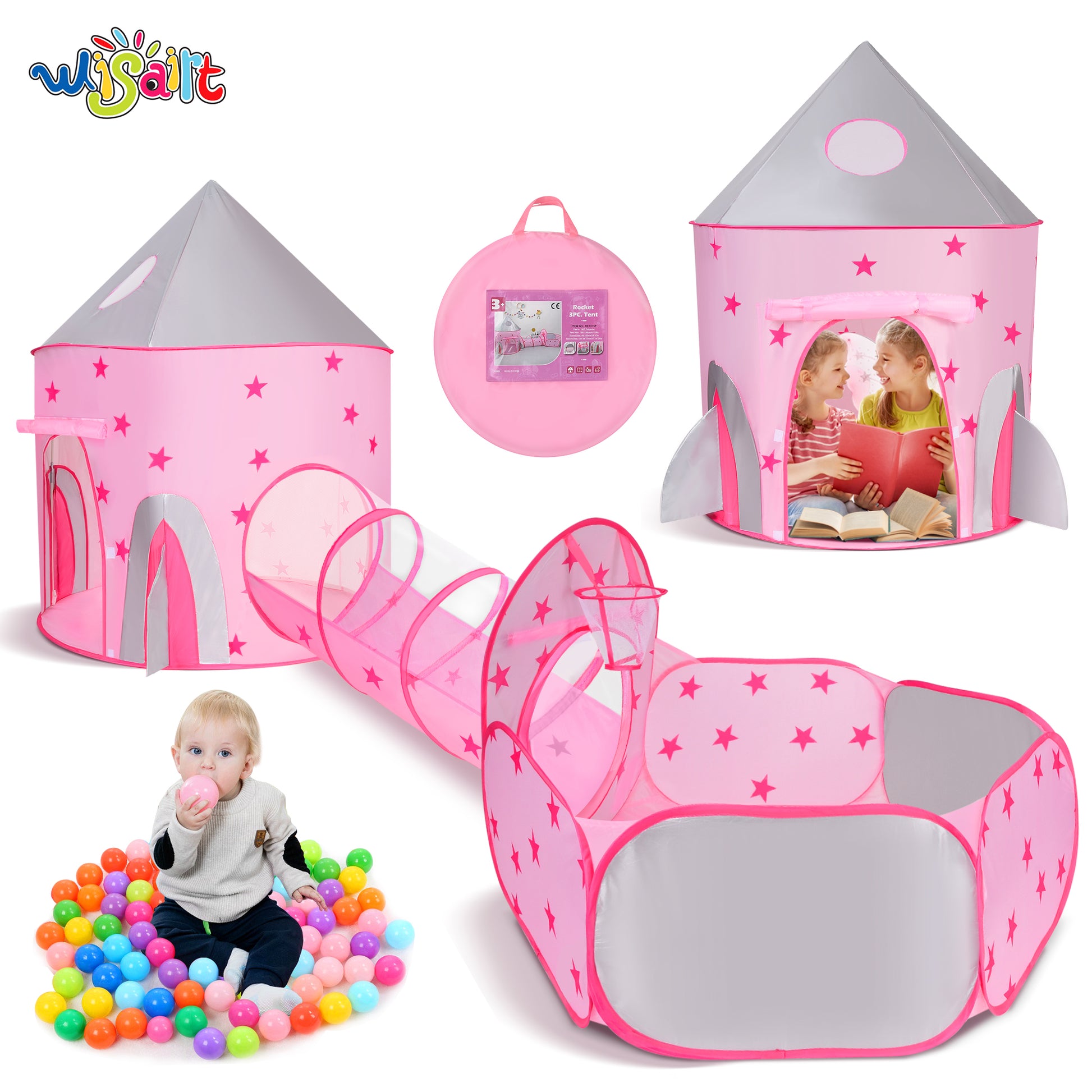 rocket 3 pc tent Wisairt Kids Play Tent, 3 in 1 Play Tents Tunnel Set with Ball Pit and – WISAIRT