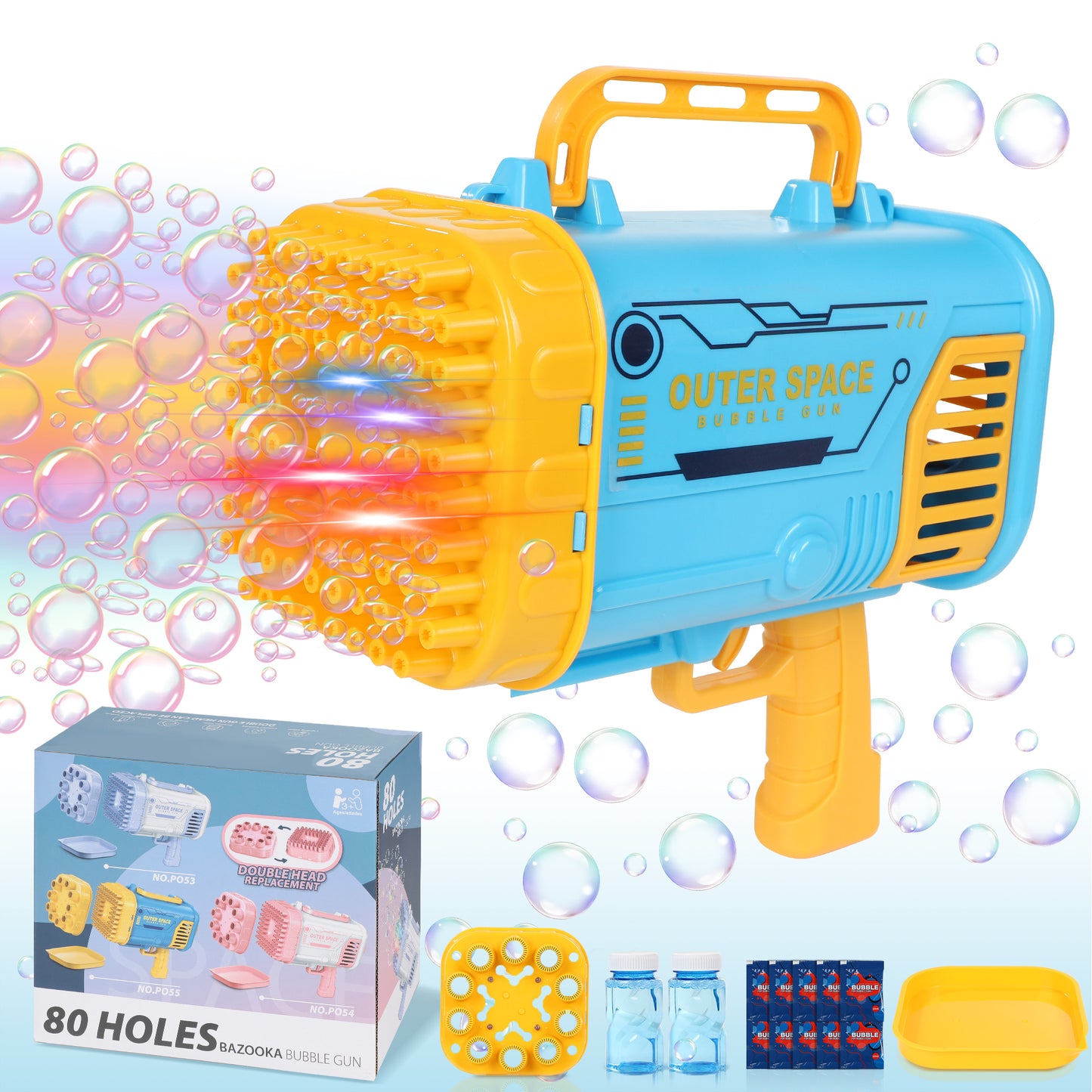 WISAIRT Bubble Machine, Upgraded 80 Holes Bubble Gun with Replaceable Nozzle, 2 Bubble Solution and Colorful Lights, Bubble Machine for Kids Adult Summer Outdoor Birthday Wedding Party Activities