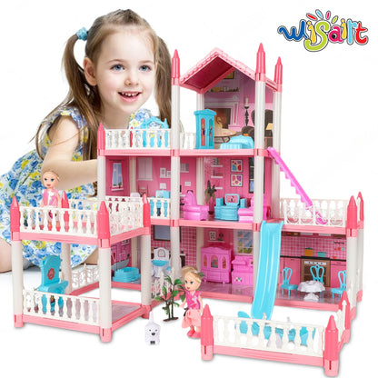 Wisairt Doll House for Girls, DIY DollHouses Set with 7 Rooms 1 Terraces, 23Pcs Pretend Play House Accessories for Kids Gift Ages 4-8, Pink