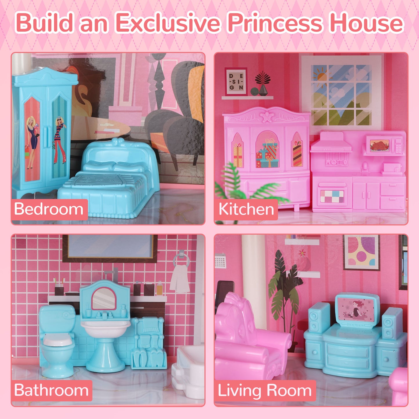 Wisairt Doll House for Girls, DIY DollHouses Set with 7 Rooms 1 Terraces, 23Pcs Pretend Play House Accessories for Kids Gift Ages 4-8, Pink