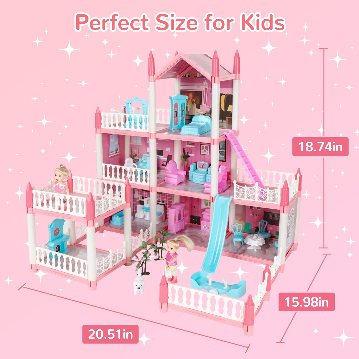 Wisairt Doll House for Girls, DIY DollHouses Set with 7 Rooms 1 Terraces, 23Pcs Pretend Play House Accessories for Kids Gift Ages 4-8, Pink