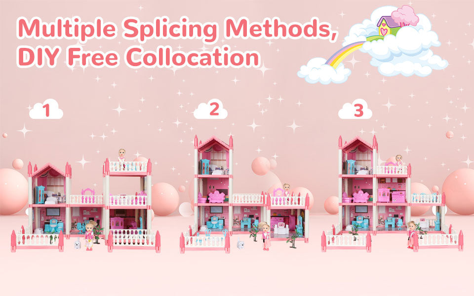 Wisairt Doll House for Girls, DIY DollHouses Set with 6 Rooms 3 Terraces, 20Pcs Pretend Play House Accessories for Kids Gifts Ages 4-8, Pink