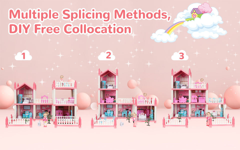 Wisairt Doll House for Girls, DIY Dollhouses Set with 6 Rooms 3 Terraces,  20Pcs Pretend Play House Accessories for Kids Gifts Ages 4-8, Pink 