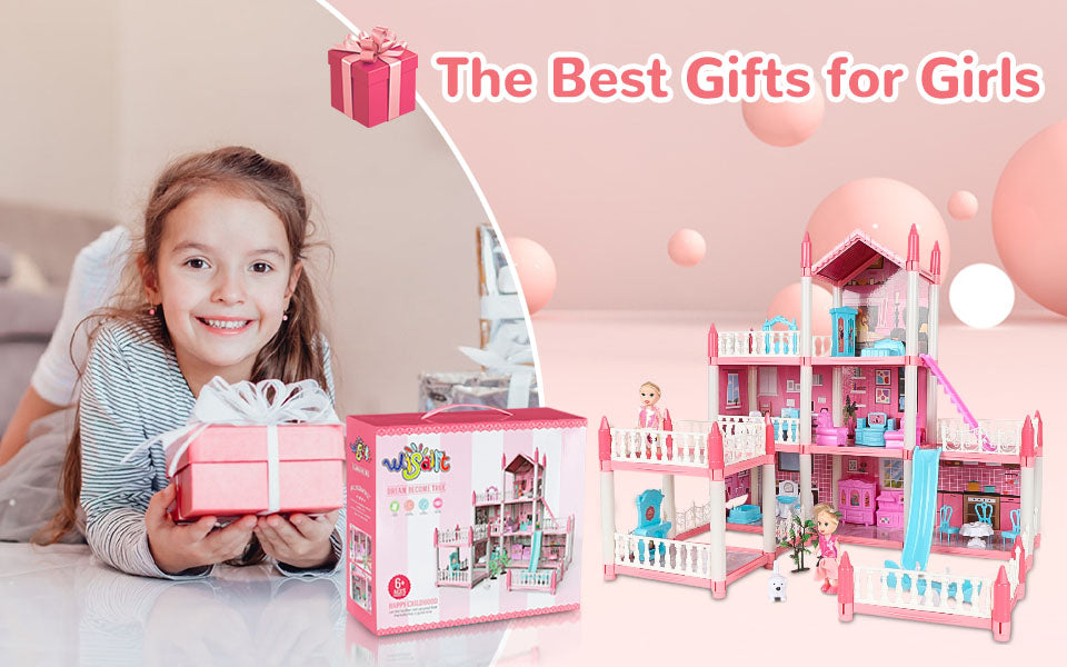 Wisairt Doll House for Girls, DIY DollHouses Set with 7 Rooms 1 Terraces, 23Pcs Pretend Play House Accessories for Kids Gift Ages 4-8, Pink